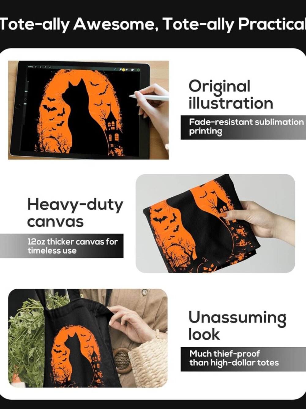 Canvas Tote Bag Double-Sided Prints with Snap Closure, Cute Tote Bag with Pocket - Picture 7 of 8